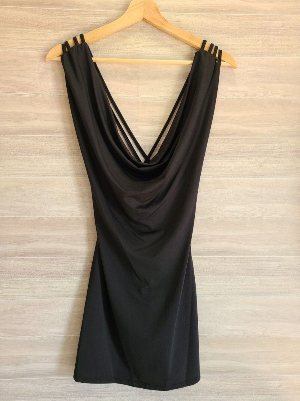 Black Cowl Neck Mini Dress Ruched Crisscross Strappy Back Club Party Nightout S